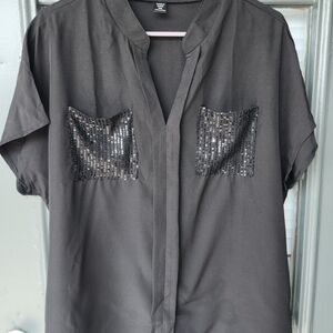 Black Short Sleeve Blouse with Sequin Pockets